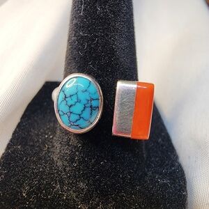 Vintage Signed Navajo-Style Ring with turquoise and orange stone Sz 7.5